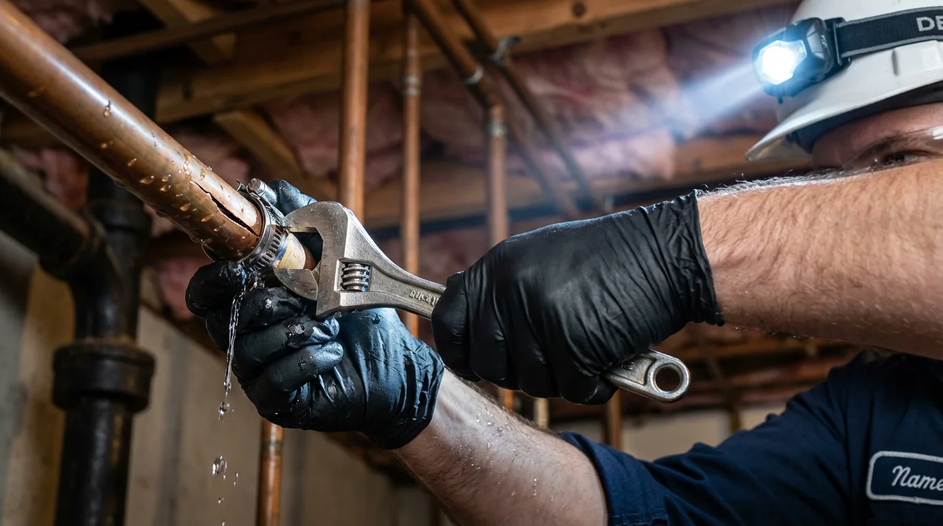 Emergency pipe clamp repair being performed by a Johns Plumbing LLC plumber in Jensen Beach