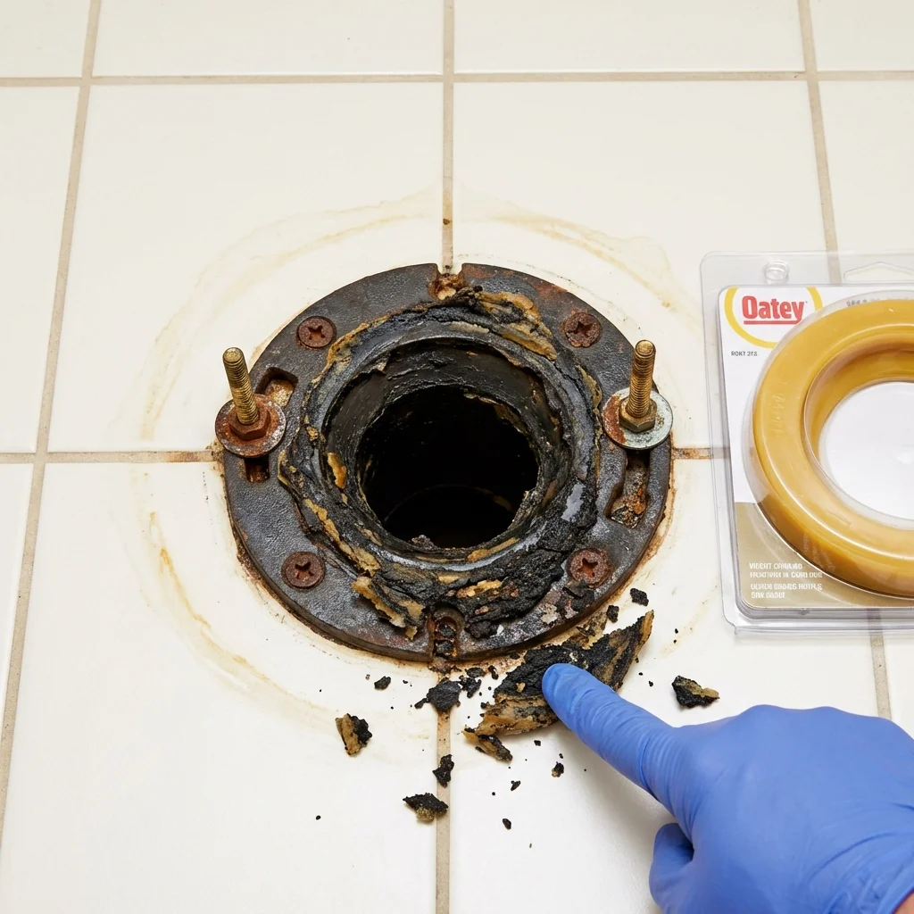 Failed wax ring showing water seepage at the base of a toilet in a Jensen Beach, FL home