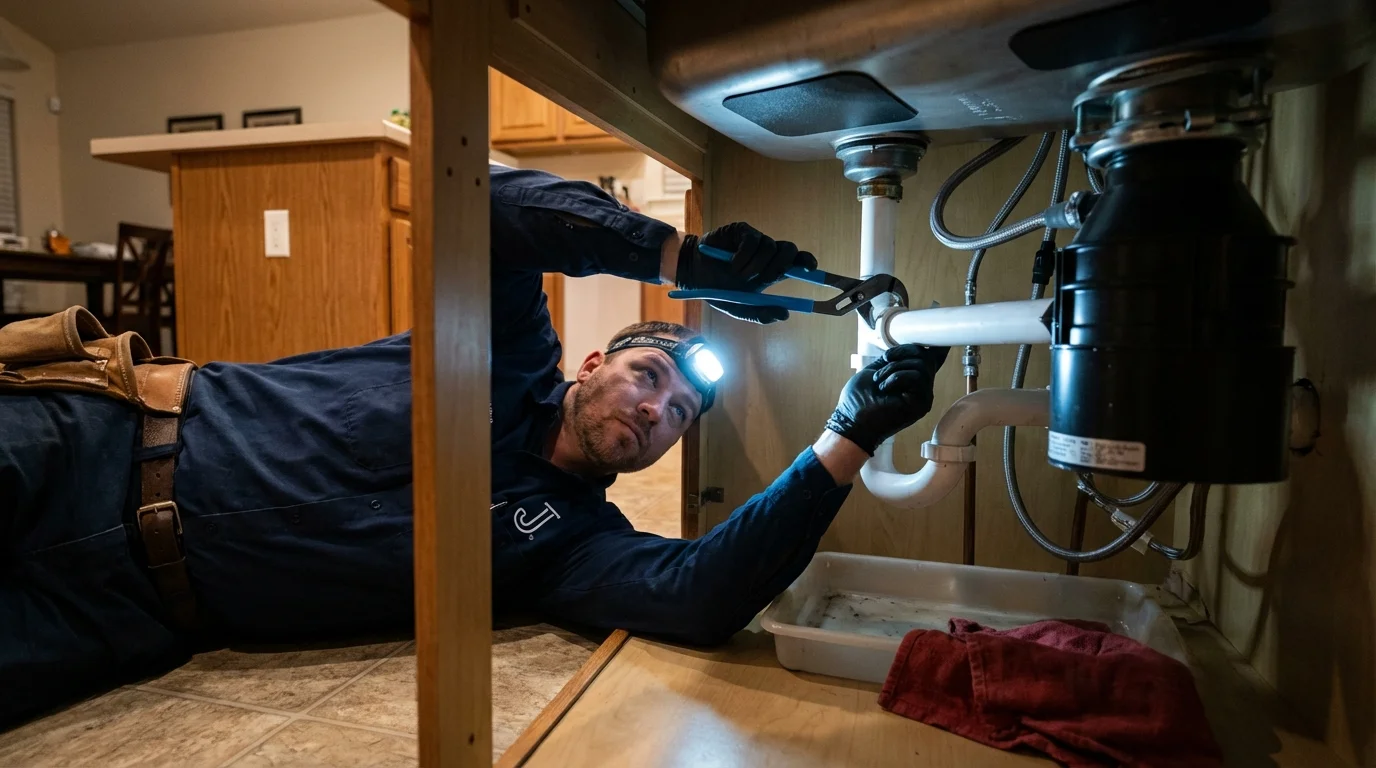 P-trap and supply line connections under a kitchen sink showing a common leak point in Jensen Beach, FL